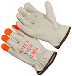 4364HVOF.Unlined Cowhide Driver,B grade,orange Hi-Vis finger tips, logo. XS-XXL. PRICE PER DOZEN.